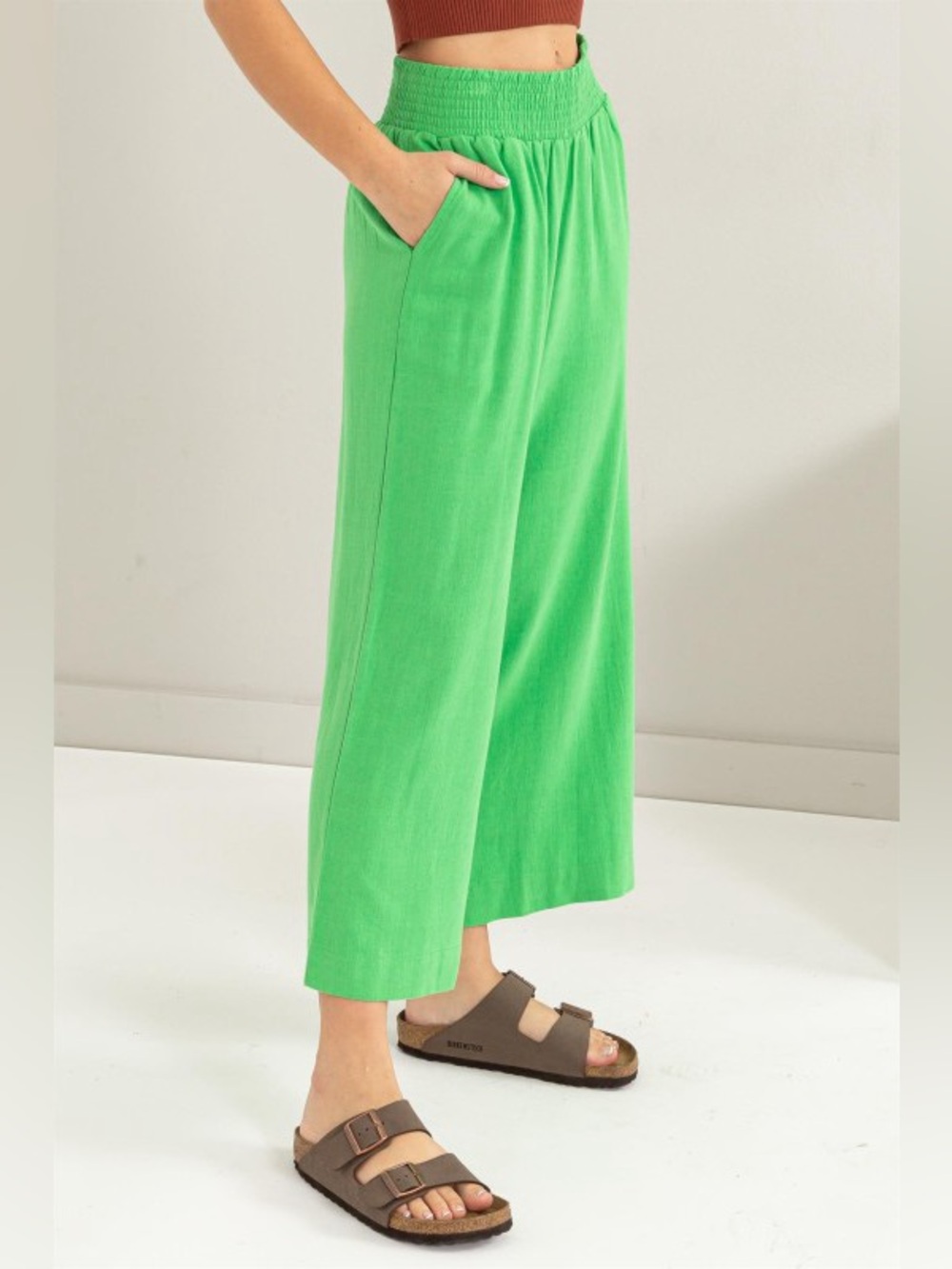 Linen Blend Wide Leg Pants High Rise Smocked Waist Kelly Green L - Picture 4 of 6